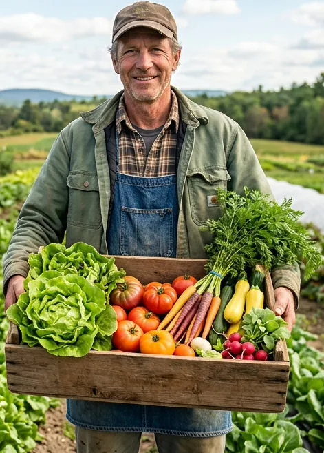 A smiling farmer in a green flannel holding a wooden crate of fresh tomatoes, carrots, peppers and greens, with a field and barn in the background.